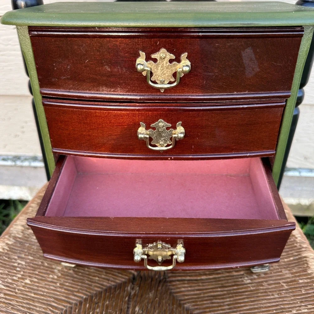 Vintage Wooden Jewelry Box Mini Dresser 4 Drawer Brass Pulls Brass Feet READ